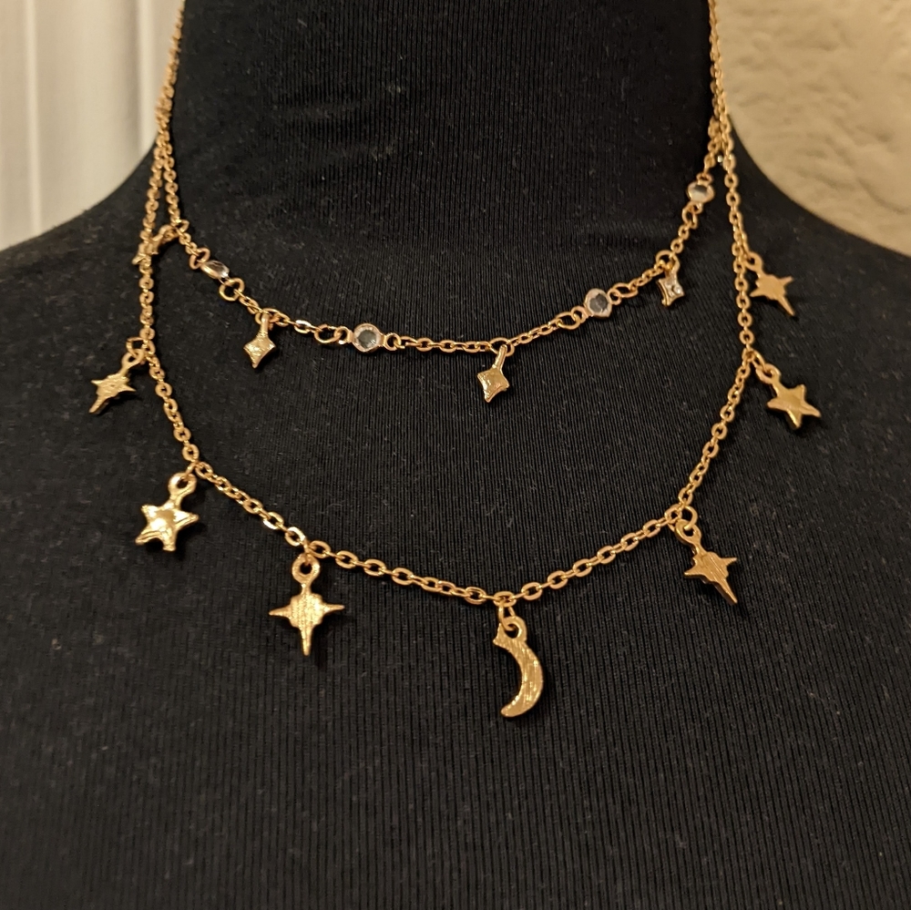 New Gold Tone Star Moon Charm Pendant Necklace Crystals